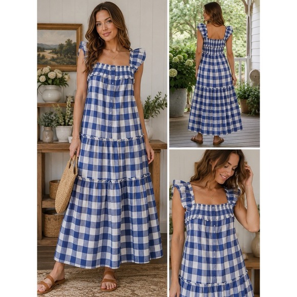 Old Navy Dresses & Skirts - Old Navy Blue Gingham Maxi Dress Women Medium Smocked Flutter Sleeve Cottagecore